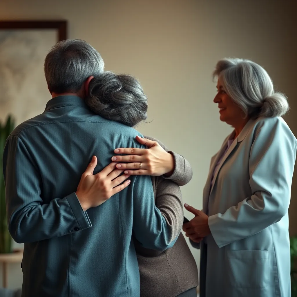 A photorealistic image depicting a family embracing and comforting each other, while a compassionate funeral director stands by, offering support. The image should convey a sense of warmth, empathy, and relief, highlighting how life insurance with funeral benefits reduces stress and provides emotional support during a challenging time.