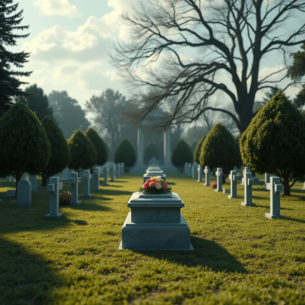  A photorealistic image of a cemetery, showcasing a simple, yet respectful funeral service. The image should evoke a sense of peace and closure, with a focus on the dignity of the occasion.