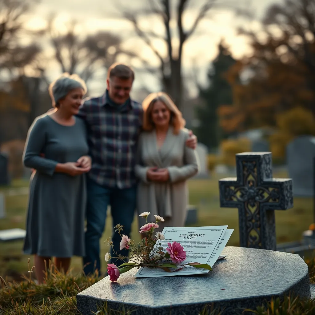 A photorealistic image of a family standing together near a gravesite. The atmosphere is somber, but there's a sense of comfort and peace. In the background, a small bouquet of flowers rests on a tombstone, with a life insurance policy document peeking out from underneath.