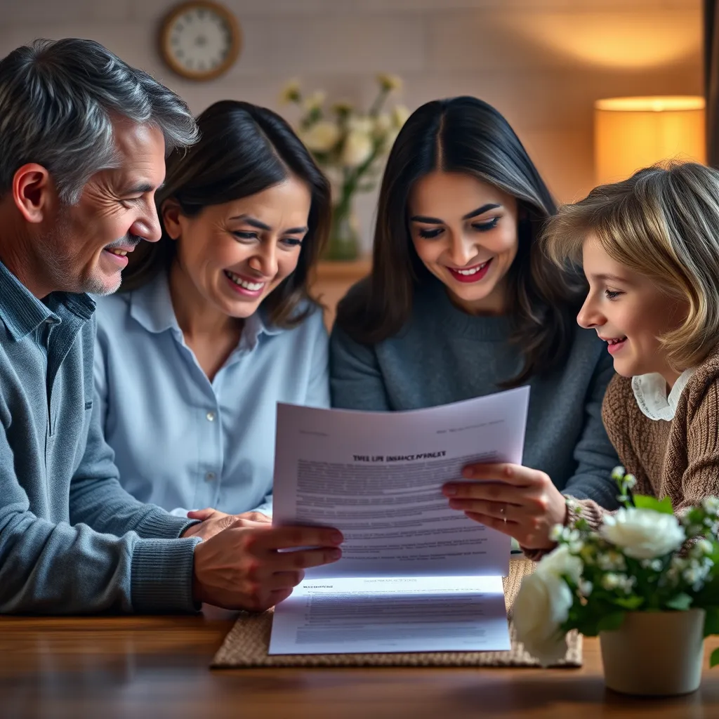 A photorealistic image of a family gathered around a table, looking at a life insurance policy document, with a serene, comforting background. The image should convey a sense of peace and security, highlighting the financial peace of mind provided by life insurance with funeral benefits.