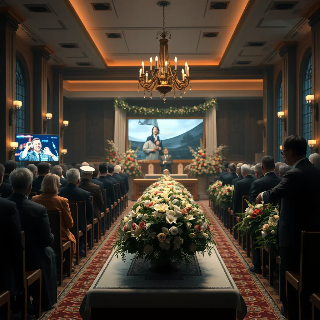 A photorealistic image showcasing a funeral service, with personalized elements like a favorite song playing, a photo montage displayed, or a cherished object on display, creating a heartwarming and personalized farewell atmosphere. The image should capture the essence of a unique and meaningful send-off.
