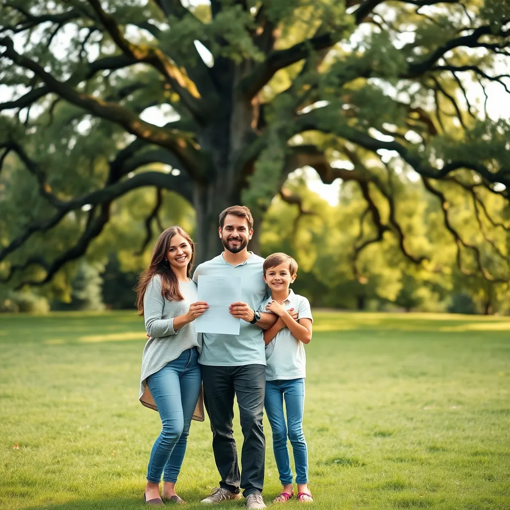 A serene outdoor setting with a lush green lawn and a majestic oak tree in the background. A young family, consisting of a mother, father, and two children, stand together in a loving embrace. The father holds a policy document in his hand, showcasing a confident and protective demeanor. The family is dressed casually in comfortable attire, reflecting a sense of everyday life.  The image should be captured in a natural light setting with a warm, inviting color palette. The perspective is slightly elevated, giving a sense of hope and security. The image should convey a sense of family unity and financial stability, emphasizing the peace of mind that comes with guaranteed acceptance life insurance.  The image should be rendered in a photorealistic style, with high detail and focus on the family's emotions and expressions.