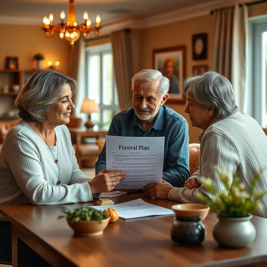 A warm and inviting living room with a family gathered around a table. One person is holding a document titled "Funeral Plan" with a gentle smile, while the others are listening intently. The scene radiates a sense of care and thoughtful preparation.