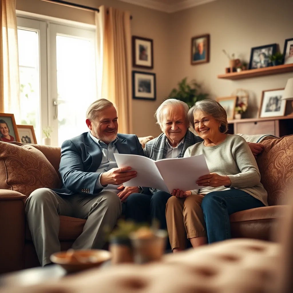 A warm and inviting living room setting, bathed in soft natural light filtering through a window. A middle-aged couple sits comfortably on a couch, reviewing documents with a friendly funeral director. The director wears a professional yet approachable suit, and the couple is relaxed and smiling. The room is decorated with family photos and personal touches, creating a sense of home and comfort. The scene is captured in a photorealistic style with a warm color palette, emphasizing the feeling of trust and security.  The image should be 8K resolution, ultra-detailed, with a close-up perspective focusing on the couple's hands as they review the documents. The background is slightly blurred to draw attention to the foreground interaction.  The image evokes a sense of peace, understanding, and preparation for the future.