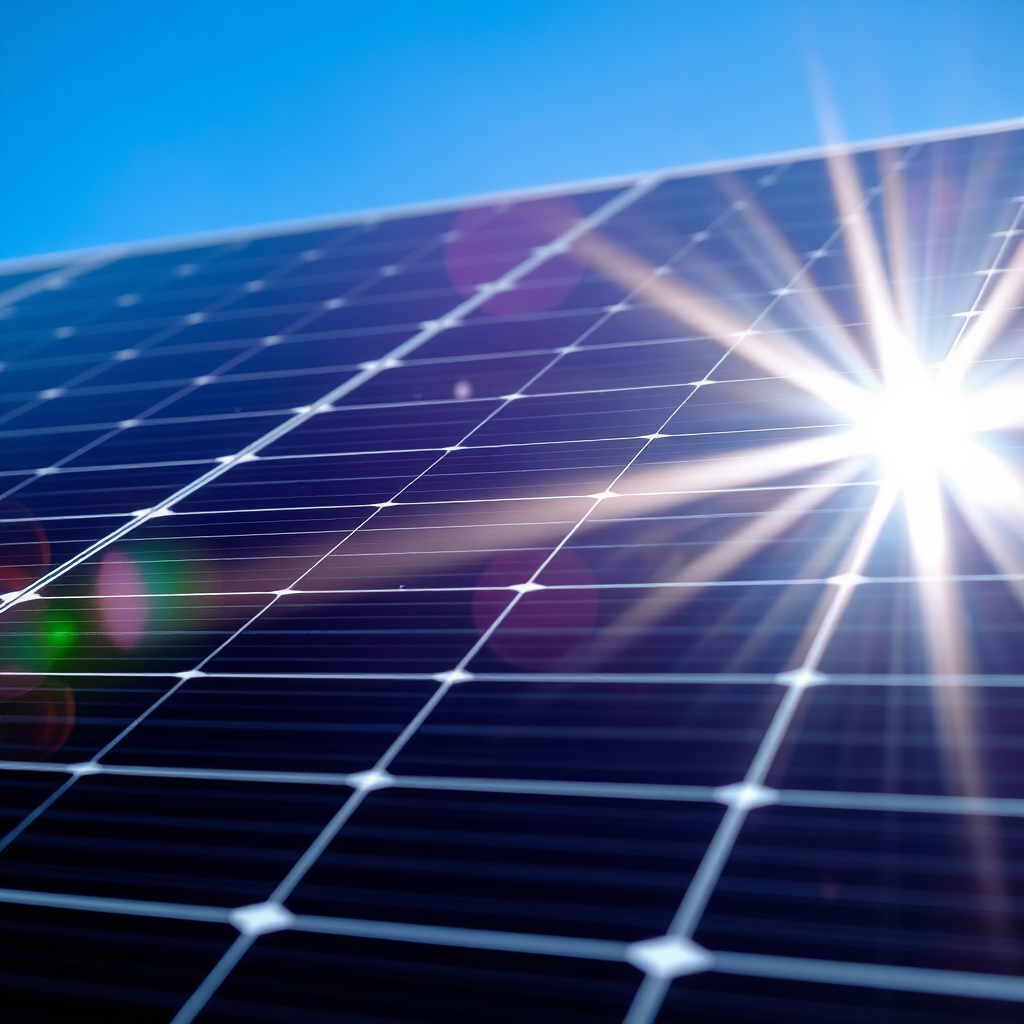 Close-up of a solar panel reflecting the sun.