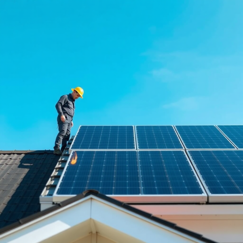 Residential rooftop with new solar panel installation