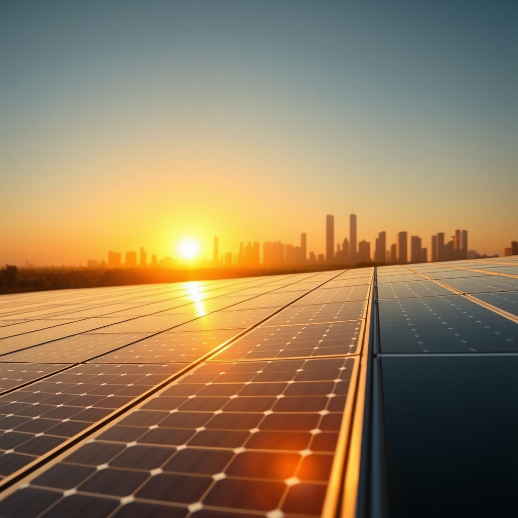 Futuristic solar panel array at sunrise with city skyline