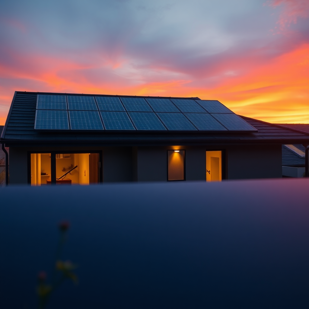 Eco-friendly home with solar panels at sunset