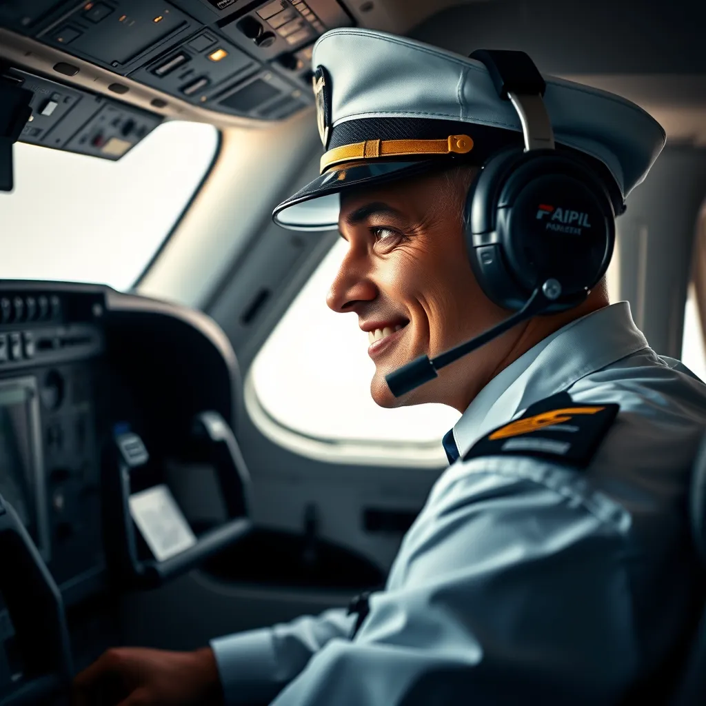 A close-up shot of a pilot in a pristine uniform, looking intently at the cockpit controls of a private jet, with a warm smile. The image captures a sense of dedication, excitement, and expertise in aviation.