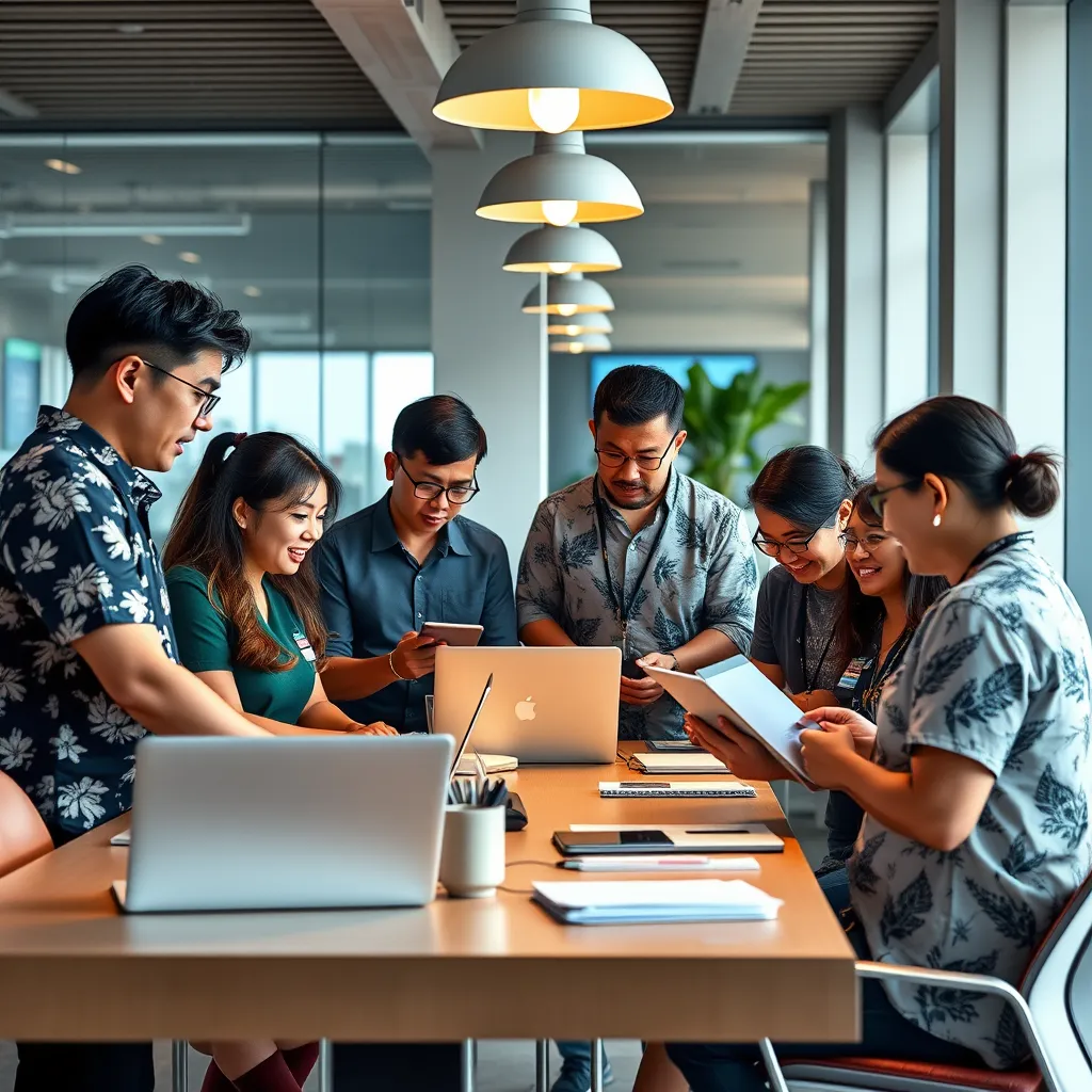 A diverse team of Million Air Honolulu staff members collaborating on a project in a modern office setting. They are using laptops, tablets, and other technology, showcasing the collaborative nature of the team.