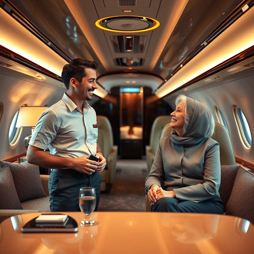 A friendly, professional staff member interacting with a satisfied customer in a luxurious private jet lounge. The image features elegant furniture, warm lighting, and a serene atmosphere, highlighting the personalized and welcoming service.