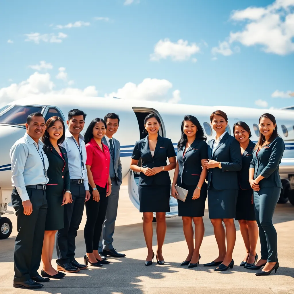 A group of diverse, smiling Million Air Honolulu staff members in professional attire, warmly greeting a customer at a private jet terminal. The background features a luxurious private jet and a clear blue sky. The image should convey a sense of professionalism, welcoming atmosphere, and high-quality service.