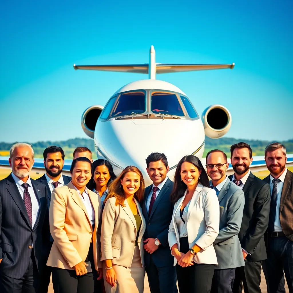 A group of diverse, smiling people wearing professional attire, standing in front of a private jet at a luxurious airport. The background features a clear blue sky and a lush green landscape. The image conveys a sense of professionalism, expertise, and welcoming atmosphere.