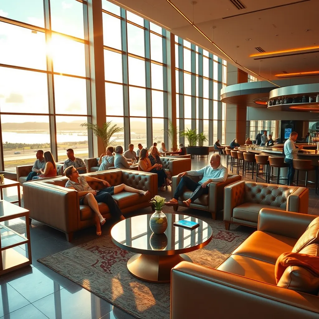 A photorealistic, ultra-high quality image of the Million Air Honolulu lounge, capturing the essence of luxury and comfort. The scene should be bathed in warm, natural light streaming through large windows, showcasing panoramic views of the Honolulu airport. The lounge is elegantly furnished with plush leather seating, high-end coffee tables, and a sophisticated bar area. The composition should focus on a group of diverse individuals enjoying the lounge amenities, with a subtle emphasis on the Million Air Honolulu branding. The image should evoke a sense of tranquility and exclusivity, reminiscent of a luxury hotel lobby. Use a wide-angle lens to capture the spaciousness of the lounge, and apply a cinematic color palette to enhance the visual appeal. Render the scene in 8K resolution with hyperrealistic detail, emphasizing the textures and materials of the furniture and decor. Capture the vibrant energy of the scene through dynamic lighting, creating a sense of depth and movement. Add subtle ambient lighting to enhance the overall mood and atmosphere of the lounge.