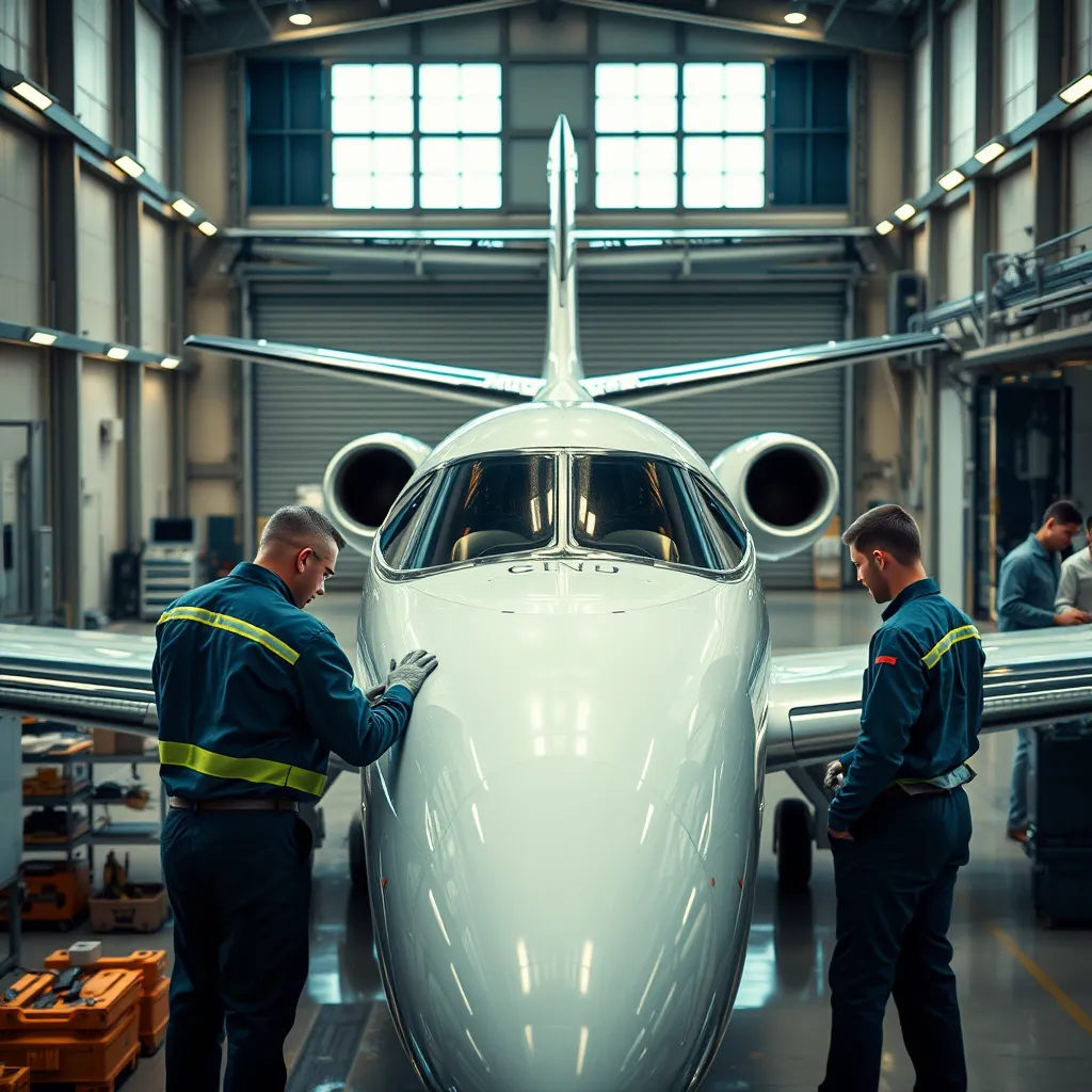 A photorealistic, ultra-high quality image depicting the exceptional aircraft maintenance and management services provided by Million Air Honolulu. The scene should focus on a team of highly skilled and experienced aviation professionals working meticulously on a luxurious private aircraft. The aircraft should be a high-end model, showcasing the quality of the maintenance services offered. The scene should be set in a state-of-the-art hangar facility, featuring cutting-edge equipment and a meticulous workspace. The lighting should be bright and well-distributed, highlighting the precision and detail involved in the maintenance process. The image should capture the skilled hands of the technicians as they inspect, repair, and maintain the aircraft. The composition should convey a sense of professionalism, expertise, and commitment to safety and quality. Render the scene in 8K resolution with hyperrealistic detail, focusing on the textures of the aircraft's exterior and interior, as well as the tools and equipment used by the technicians. Capture the dynamic movements of the technicians as they work on the aircraft, highlighting the speed and efficiency of the maintenance process.