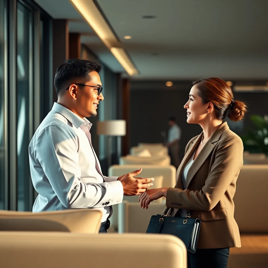 A photorealistic, ultra-high quality image showcasing the personalized flight concierge services offered by Million Air Honolulu. The image should feature a highly detailed representation of a dedicated Million Air Honolulu concierge interacting with a client in a sophisticated and modern setting. The scene should be set in a private office or a luxurious waiting area at the airport. The concierge, wearing a professional attire, is actively engaging with the client, offering a personalized and attentive experience. The client, dressed in upscale attire, is engaged in conversation with the concierge, expressing their needs and expectations for their upcoming flight. The composition should emphasize the personal touch and professionalism of the concierge service. Use a soft, natural light source to create a warm and welcoming atmosphere. Render the scene in 8K resolution with hyperrealistic detail, focusing on the textures of the clothing, furniture, and surrounding environment. Capture the subtle nuances of the interaction between the concierge and the client, showcasing a sense of trust and professionalism. The image should be framed to emphasize the concierge's expertise and the client's satisfaction with the service.