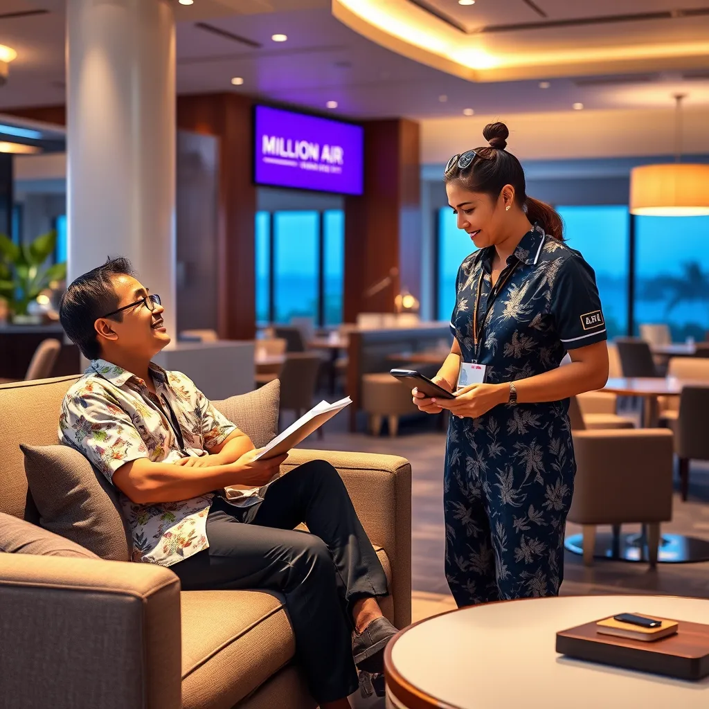 A photorealistic image of a customer interacting with a Million Air Honolulu staff member in a luxurious lounge setting. The lounge features comfortable seating, elegant décor, and modern amenities. The customer appears relaxed and satisfied, while the staff member is attentively listening and providing information. The image conveys a sense of personalized service, comfort, and exclusivity.