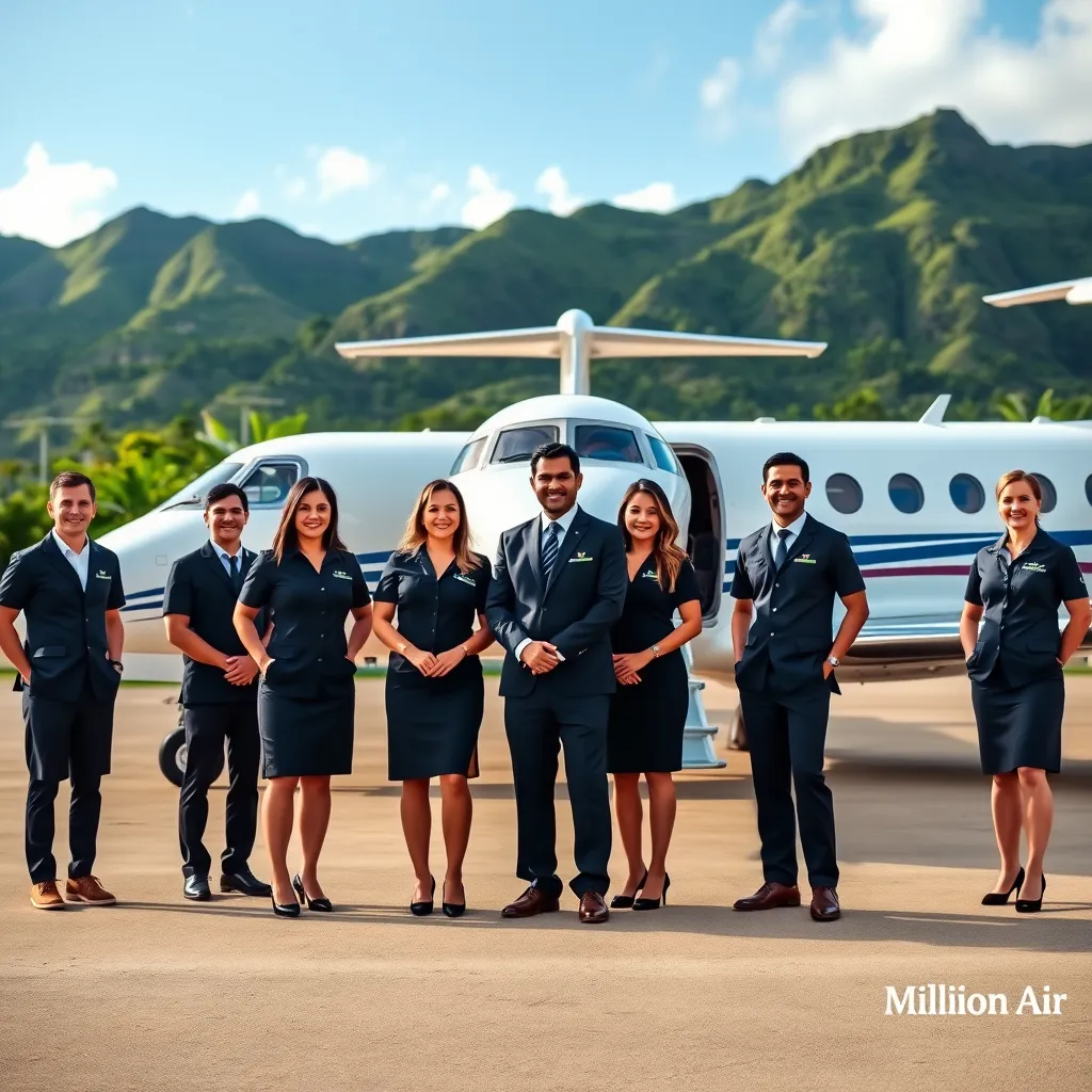A photorealistic image of a group of Million Air Honolulu staff members standing in front of a private jet. They are all wearing professional attire and smiling. The jet is luxurious and modern, and the background features the iconic Hawaiian landscape with lush greenery and a clear blue sky. The image conveys a sense of trust, professionalism, and expertise.