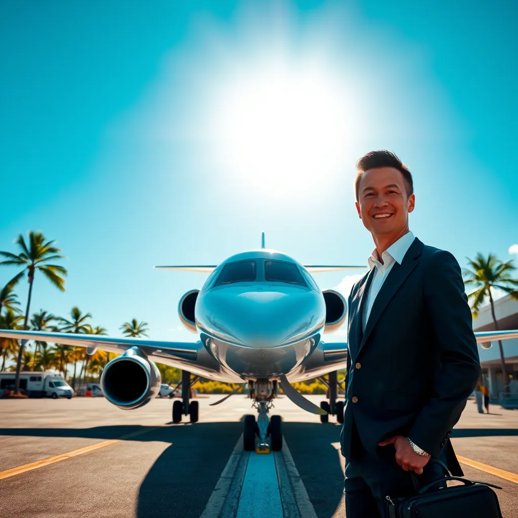 A photorealistic image of a private jet landing at Honolulu International Airport. The sky is clear and blue, the sun is shining, and the jet is sleek and modern. There are palm trees in the background, and the airport is bustling with activity. A concierge staff member in a crisp uniform is greeting passengers with a warm smile. The overall tone of the image is one of luxury, comfort, and efficiency.