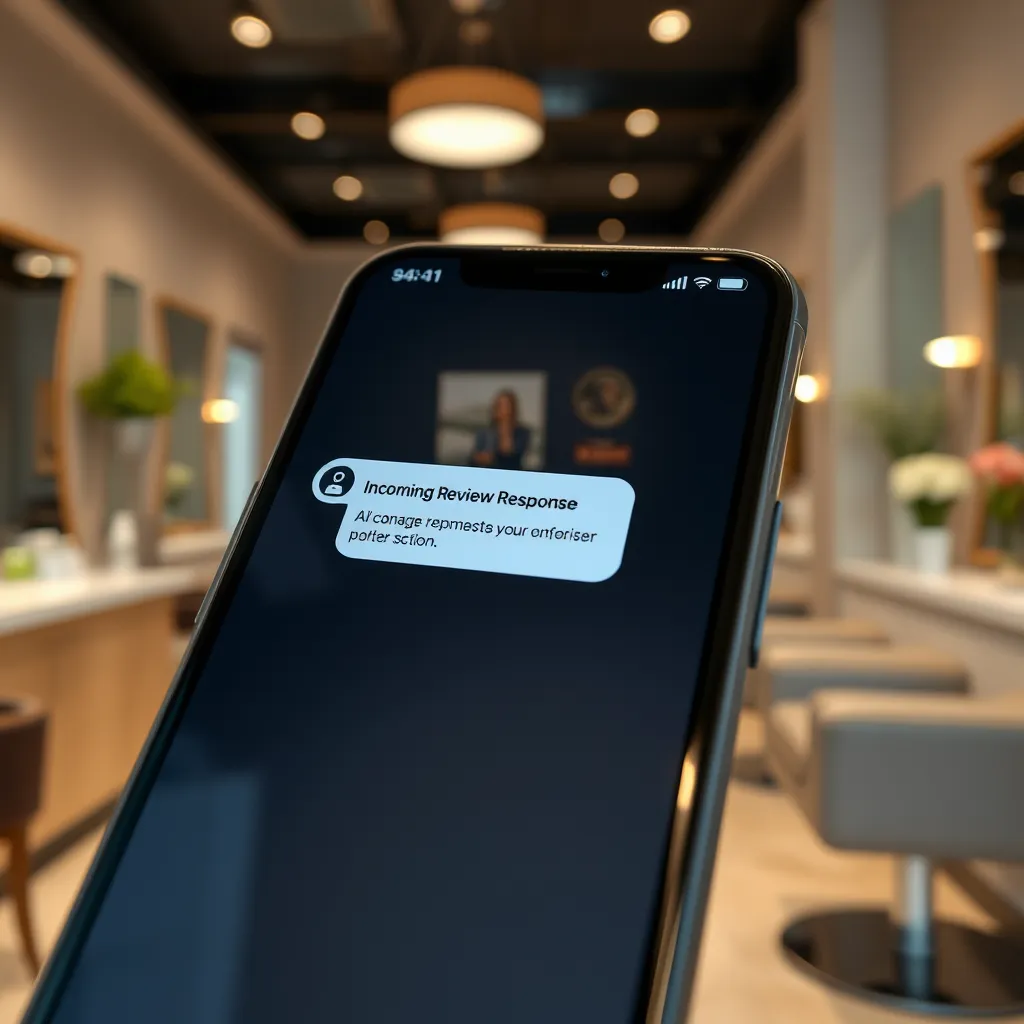 A close-up of a smartphone screen showing a notification from the AI bot, with a beautifully designed salon in the background. The image should have clear text indicating an incoming review response notification, highlighting the connection between technology and customer service.