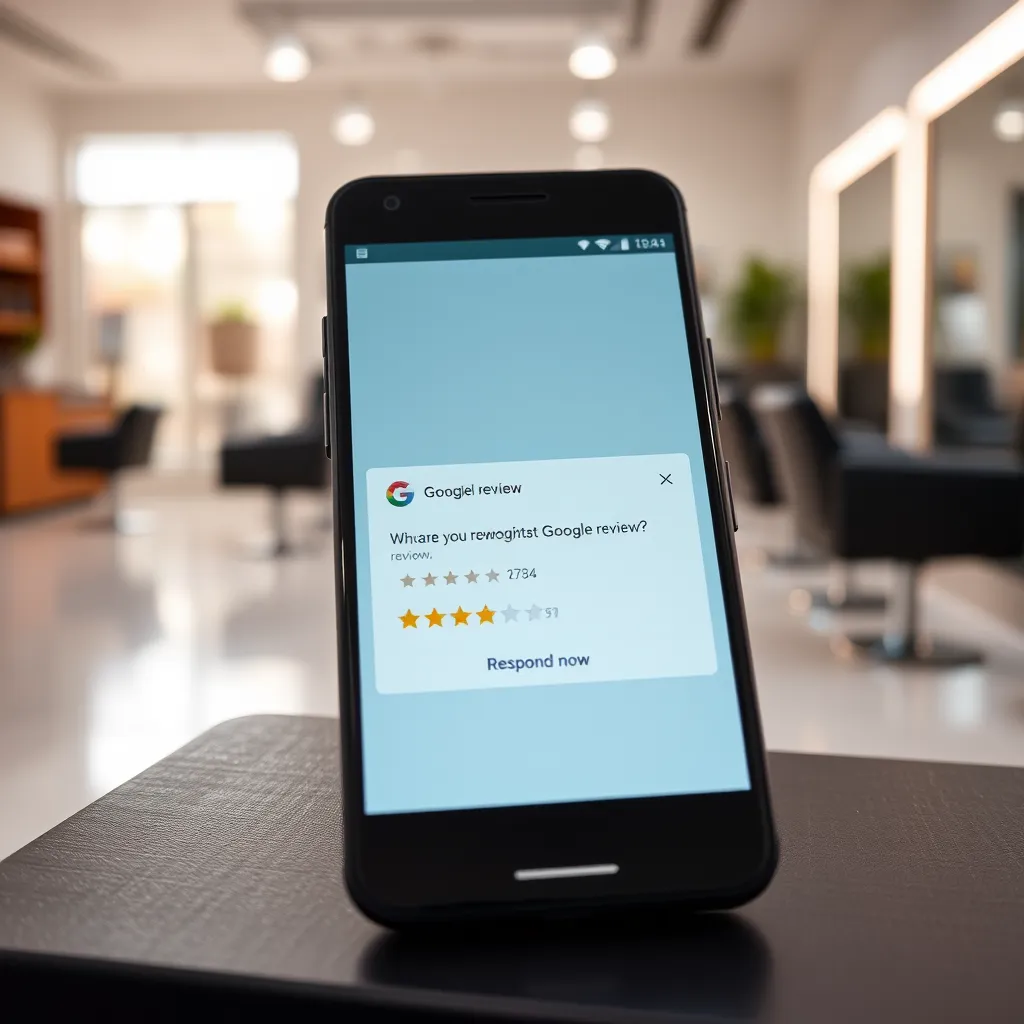 A close-up shot of a smartphone displaying a notification for a new Google review, set against a backdrop of a modern salon interior. The notification should highlight a star rating and 'Respond now' button, capturing the urgency and responsiveness of the feature.