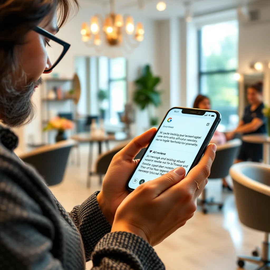 A high-resolution image of a salon owner reviewing Google reviews on a smartphone, with an AI bot interface on the screen drafting a response. The salon setting should be bright and welcoming, showcasing stylish decor and happy clients in the background.