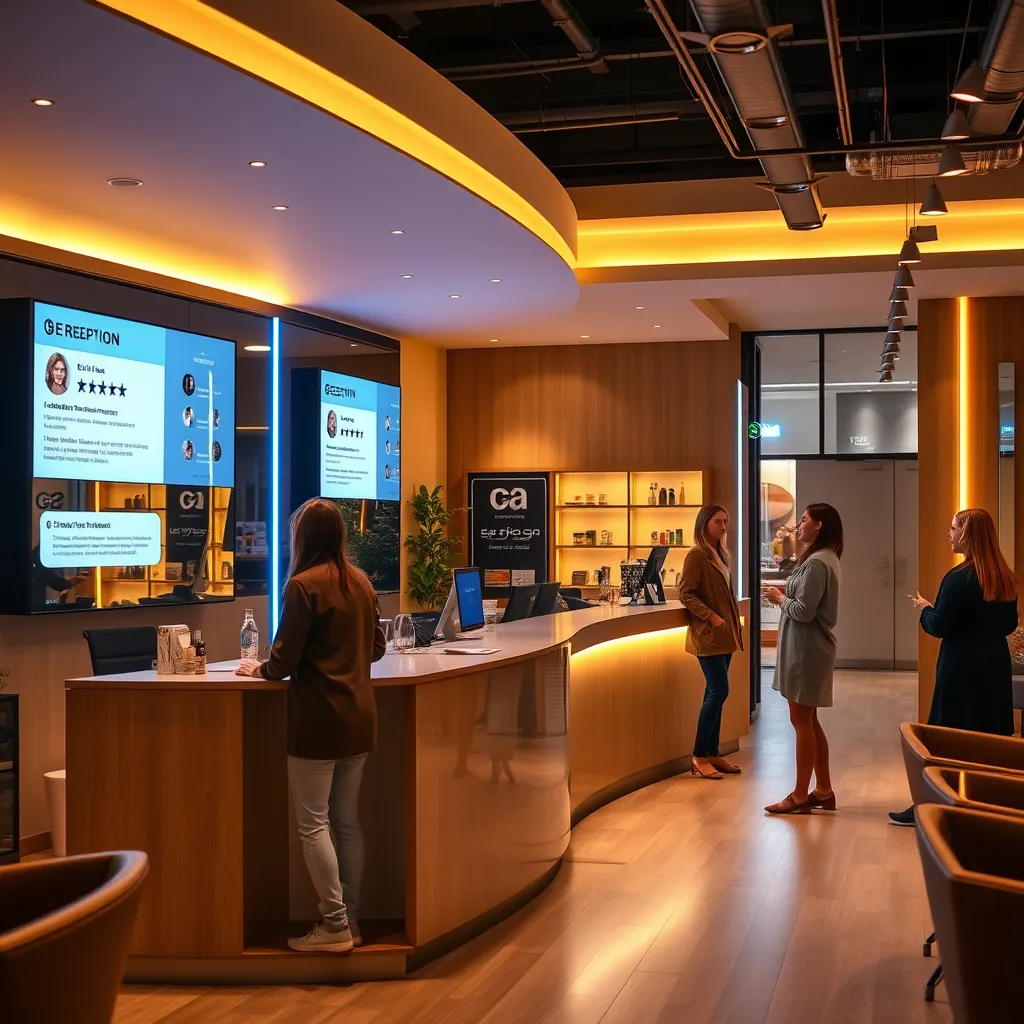 A modern salon interior with a warm atmosphere, showcasing a welcoming reception desk and a customer interacting with a staff member. The scene includes digital screens displaying positive reviews, blue light signaling notifications for responses, and happy clients engaging in conversation, highlighting a vibrant and interactive salon environment.