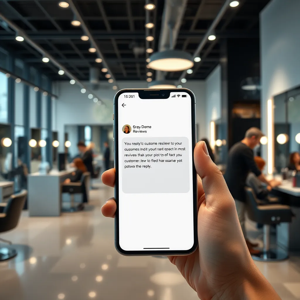 A photorealistic image of a sleek, modern salon interior with a notification popping up on a smartphone displaying a draft reply to a customer review. The scene captures a busy salon environment with stylists working and customers enjoying services.