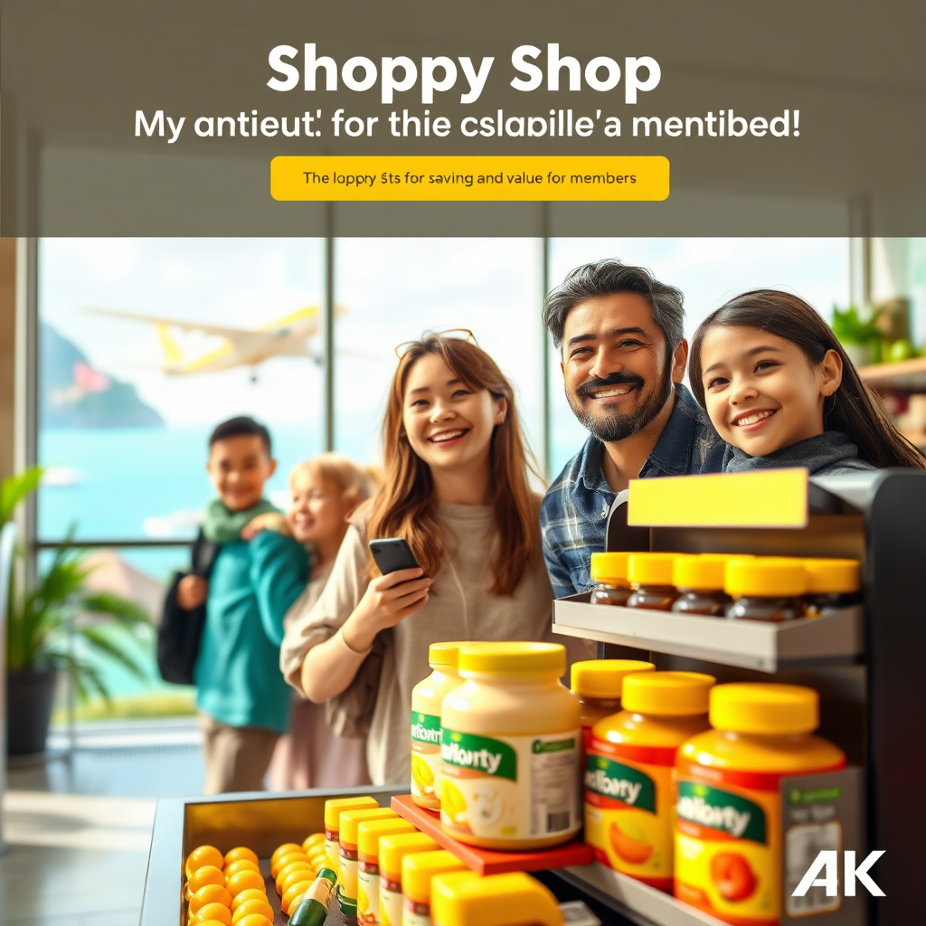 A stylized image focusing on the mission of Shoppy Shop, visually representing the concept of savings and value for members. The scene includes a happy family exploring a travel destination, a close-up of a nutritional supplement display with vibrant products, and a welcoming service area. The composition has a bright, welcoming atmosphere, with soft natural lighting and engaging colors like bright yellows and greens that evoke a sense of health and well-being. The camera angle is a mid-shot, capturing both the joy on the faces of the family and the product displays. This image should be in high quality, suitable for 4K resolution.