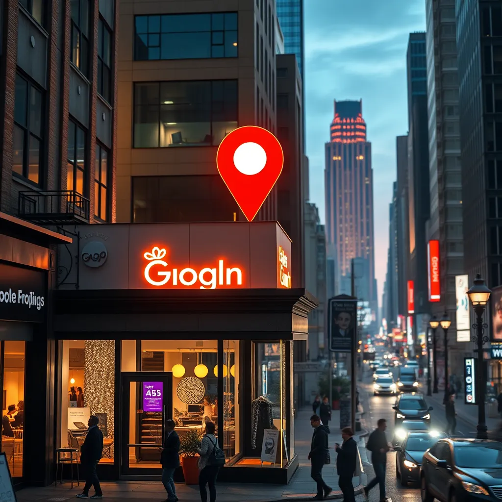 A visually striking cityscape featuring a stylish salon prominently displayed with a glowing Google maps icon above it. The image should include elements of digital engagement like search bars and location pins, illustrating the concept of improved local search visibility represented through busy streets full of potential clients.