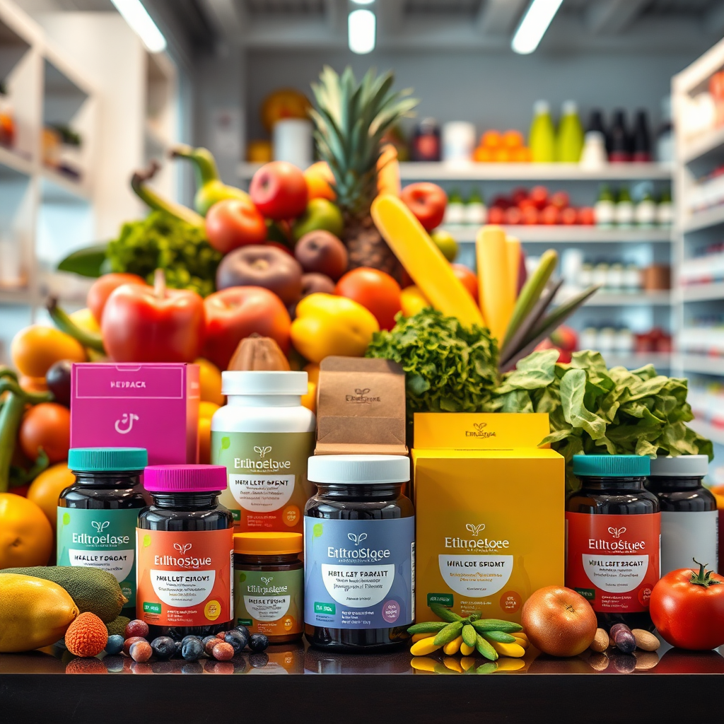 An enticing image highlighting a range of colorful nutritional supplements displayed in a modern pharmacy setting. The composition focuses on bottles and boxes featuring bright labels, and the soft lighting reflects a clean, inviting atmosphere. Various fruits and vegetables are artistically arranged in the background, suggesting a vibrant health lifestyle, ideal for portraying the benefits of membership at Shoppy Shop.