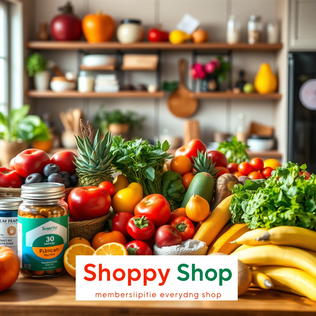 An eye-catching image showcasing a vibrant, colorful array of fresh fruits, vegetables, and nutritional supplements in an inviting kitchen setting. The lighting is warm and natural, illuminating the healthy choices, while the composition emphasizes the importance of nutrition in everyday life. This engaging visual captures the spirit of Shoppy Shop's membership offerings, ideal for inspiring potential members to prioritize their health.