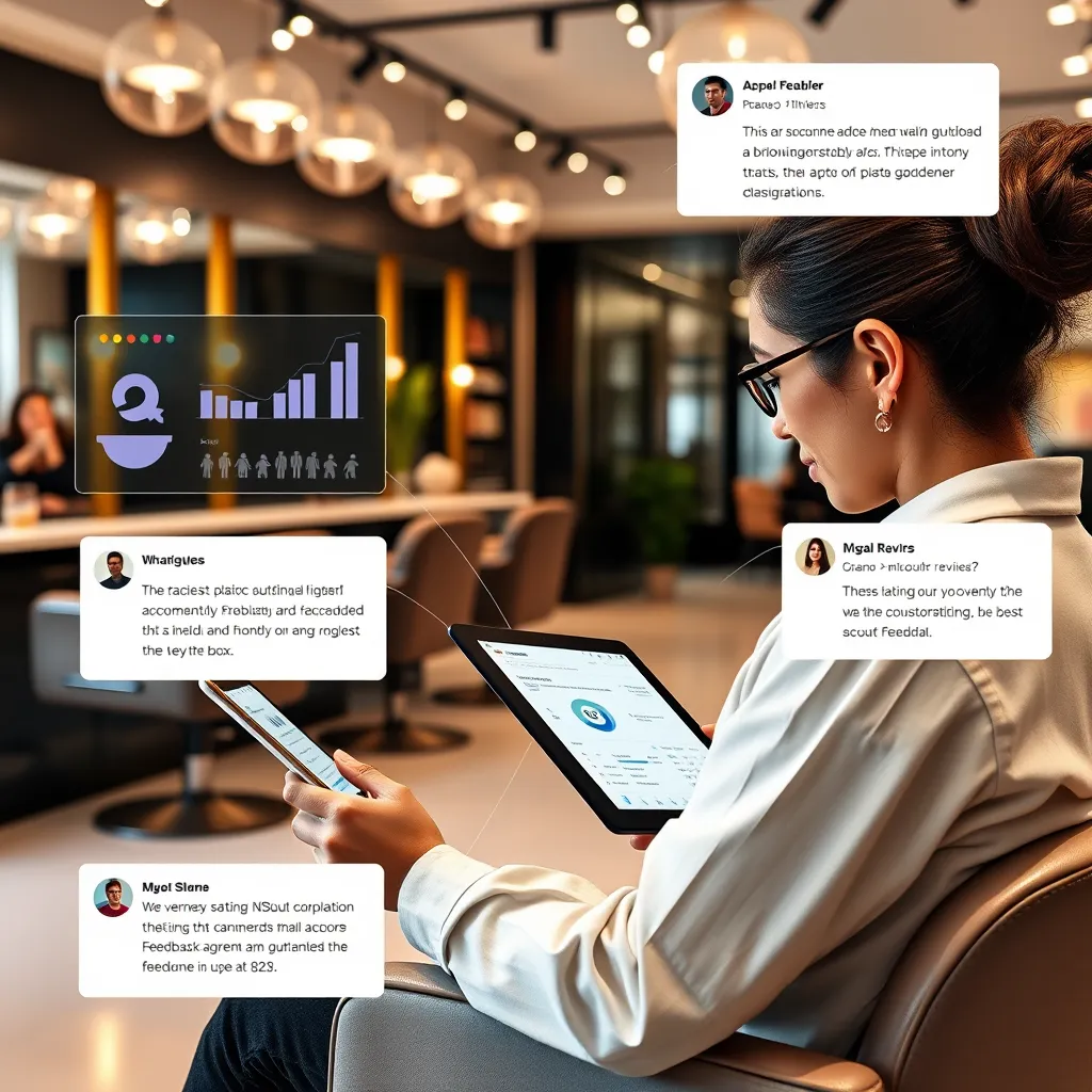 An infographic-style image depicting a salon owner analyzing review data on a tablet in a stylish salon setting. Visuals of charts and graphs, alongside highlight boxes showing customer feedback snippets, emphasize the analytical aspect of real-time feedback management in a sleek, modern design.