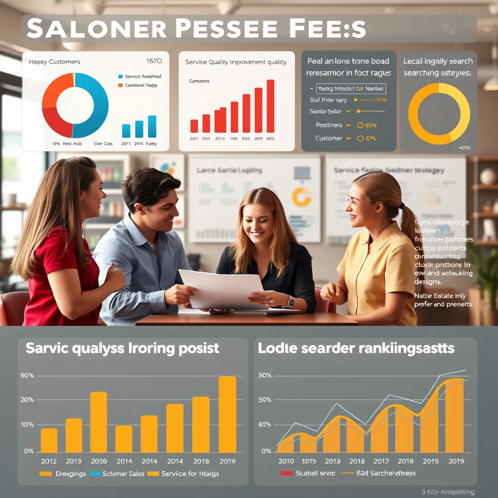 An infographic-style image depicting charts and graphs analyzing customer feedback alongside salon staff discussing strategies. Include visual elements like happy customers, service quality improvements, and graphs showing positive trends in local search rankings.