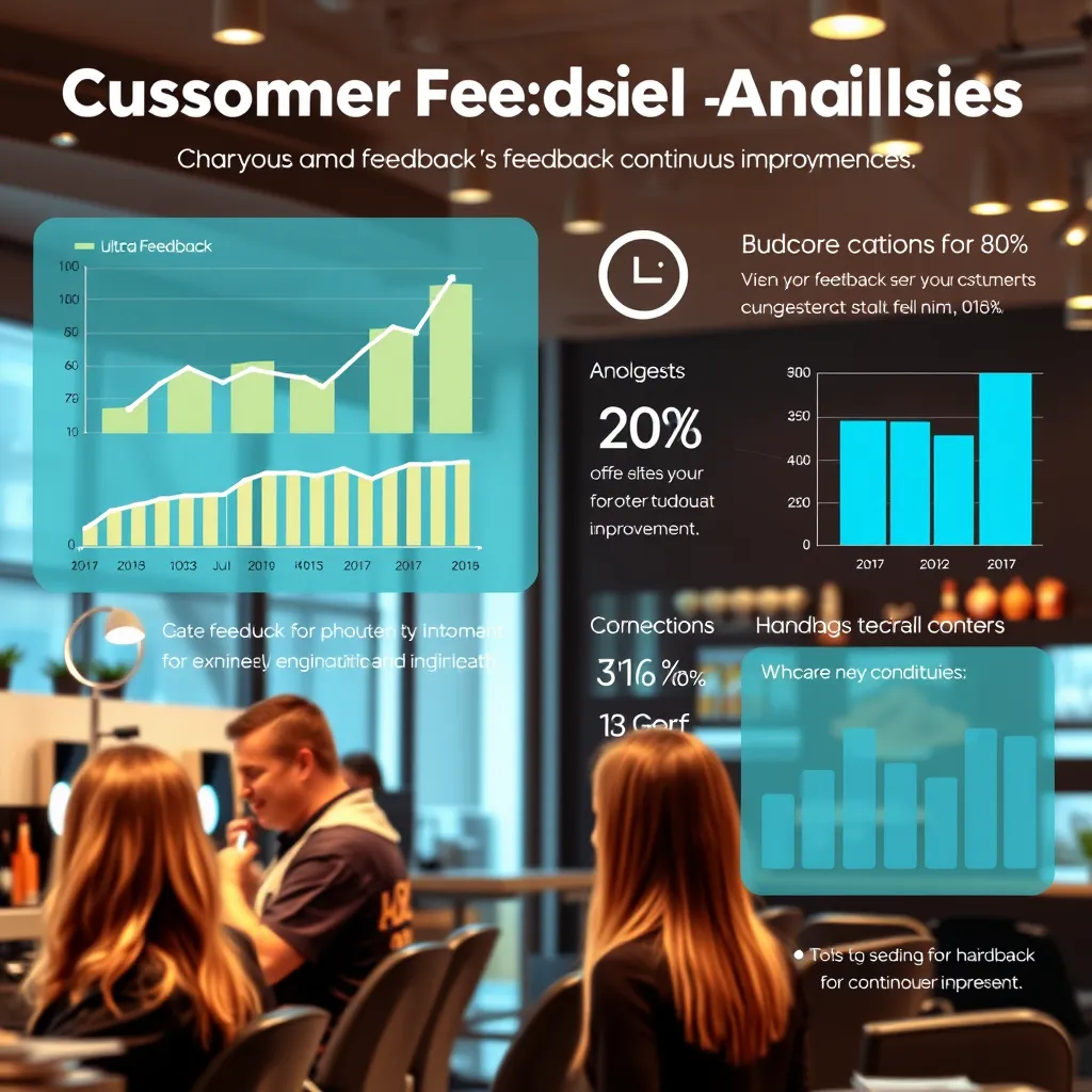 An infographic-style image illustrating customer feedback analysis, featuring visual graphs and statistics alongside a salon scene. Include elements like happy customers getting haircuts, suggesting an environment that embraces feedback for continuous improvement.