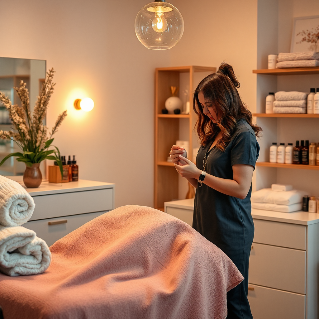 Create a cozy treatment area setting in the salon where a stylist is customizing a service for a client based on their preferences. Use warm lighting to invoke a sense of comfort and intimacy, with soft textures like luxurious towels and fragrant products around the scene. The stylist should appear attentive and dedicated, creating a unique experience for the member. Capture important details in hyperrealistic 8K resolution, emphasizing personalization and care within the salon’s offerings.