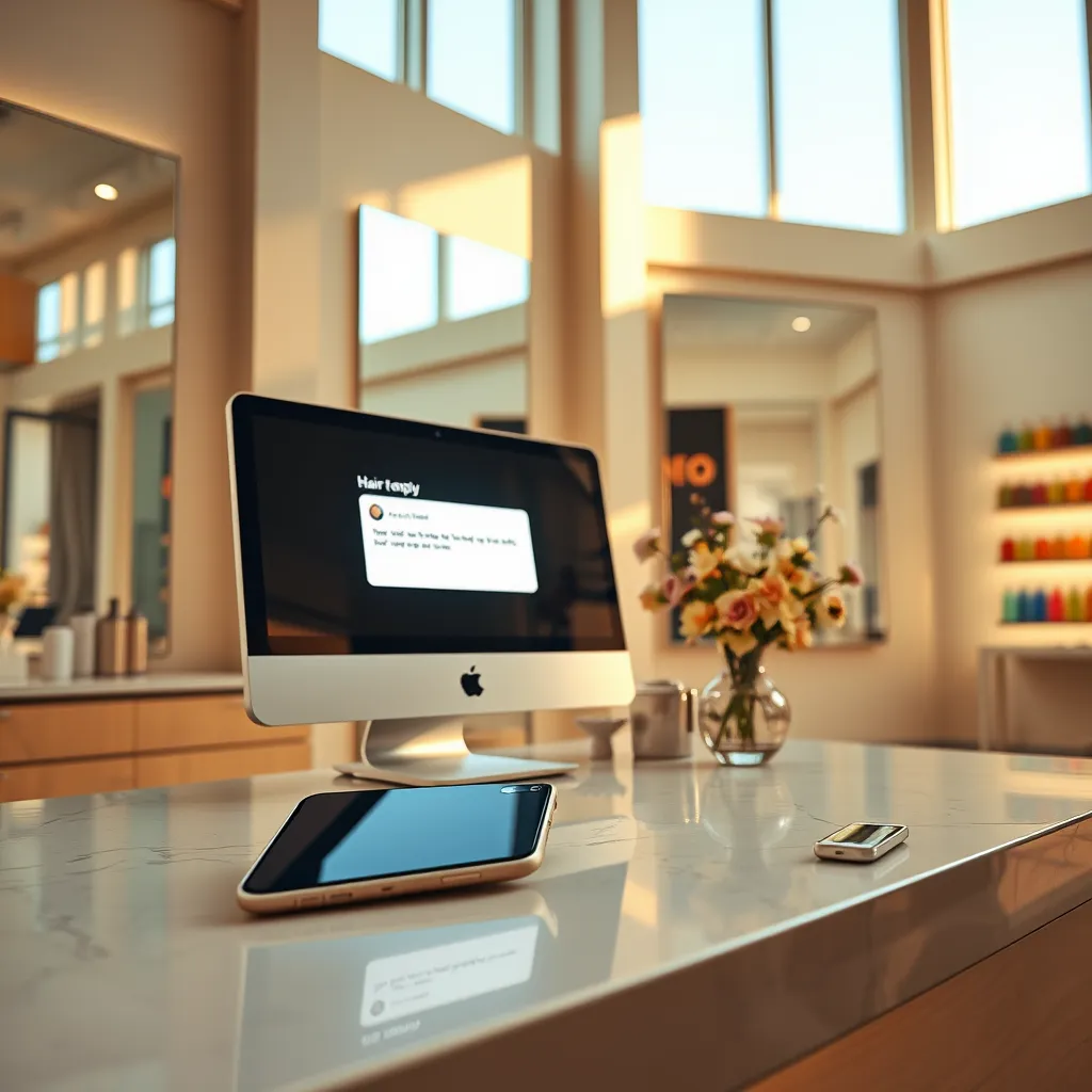 Create a photorealistic image of a modern salon interior featuring a stylish reception desk with a computer displaying a glowing notification. The scene is softly illuminated by natural light coming through large windows, creating a warm and inviting atmosphere. In the foreground, a smartphone rests on the desk, its screen showing a draft reply from the AI bot. The walls are adorned with sleek mirrors and vibrant hair product displays, enhancing the salon's professionalism. A stylish vase with flowers sits beside the computer, adding a touch of elegance. The colors are warm tones of beige and light greens, conveying a calm and friendly mood. The perspective is from slightly above the desk, capturing the dynamic and busy atmosphere of a contemporary salon, all in ultra-detailed 8K resolution, hyperrealistic style.