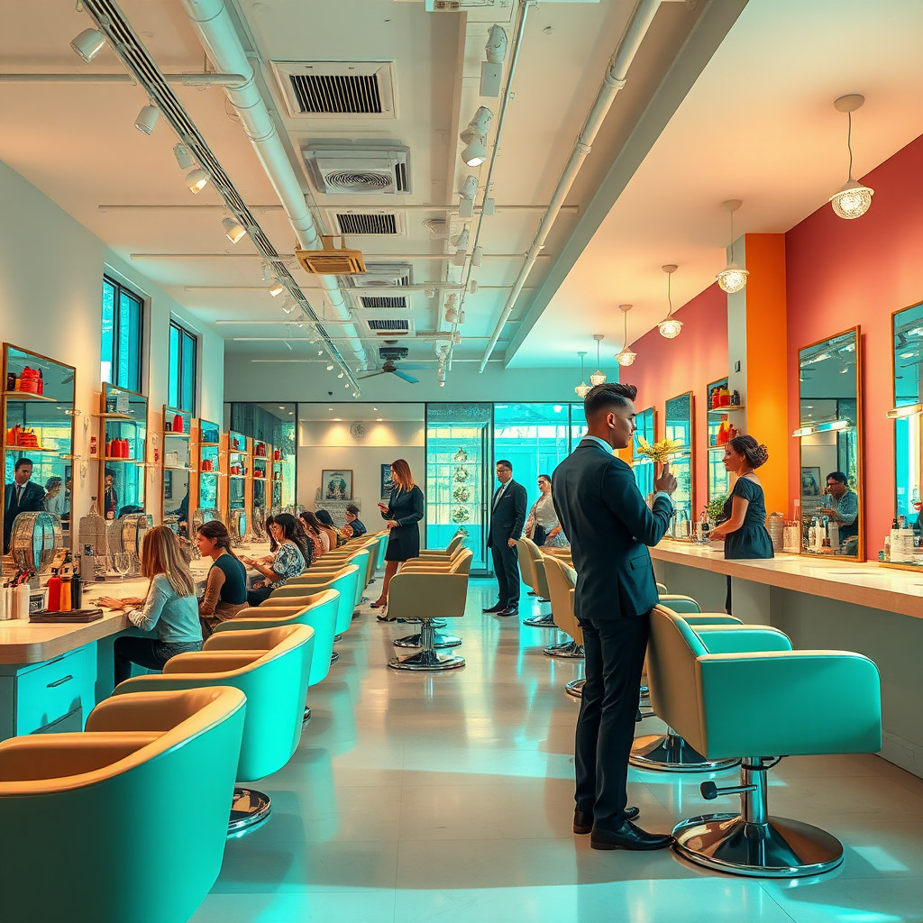 Create a photorealistic, ultra-high quality header image that captures the essence of 'Saving Salons'. The composition should feature a modern salon interior, with vibrant colors that convey energy and professionalism. Soft, natural lighting should illuminate key areas, highlighting the various beauty stations. Include well-groomed patrons enjoying services, with salon owners engaged with customers, symbolizing success and community. Use a wide-angle camera angle to capture the depth of the salon. The textures should be sleek, showcasing luxurious furniture and products. The color palette should be warm, with accents of gold and emerald green, suggesting growth and prosperity. The image should be designed in hyperrealistic style at 8K resolution, embodying the innovation and support that Saving Salons offers to salon businesses.