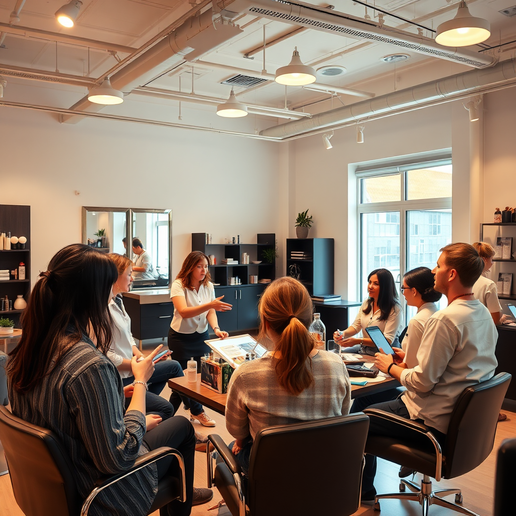 Create a vibrant image of a training session in progress within a salon. Staff members are actively participating in an interactive workshop designed to improve engagement techniques. Bright and warm lighting should make the room feel welcoming and energetic. Include training materials and equipment that showcase hands-on learning. Ensure the image reflects teamwork and excitement in the industry, achieving hyperrealistic detail in 8K.