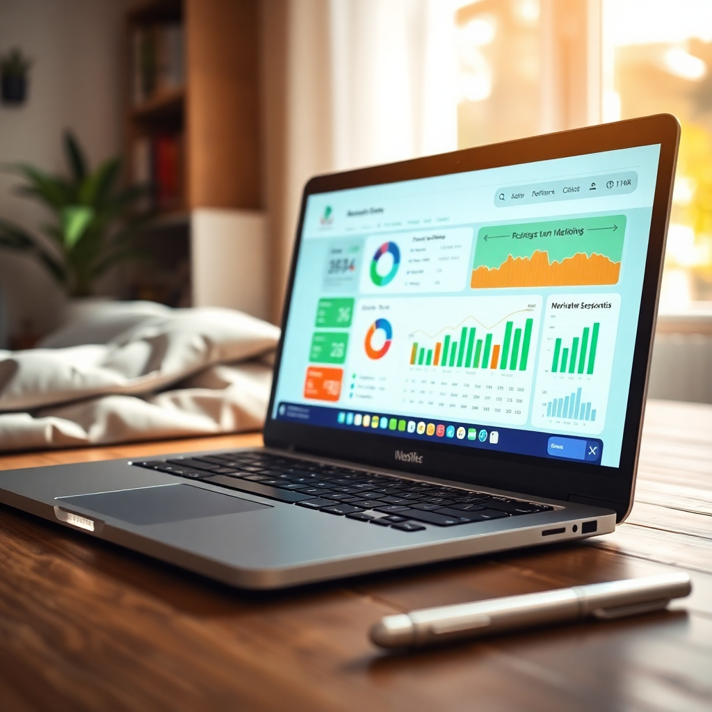 Create an engaging image of a close-up shot of a laptop screen displaying a colorful, user-friendly affiliate marketing dashboard filled with graphs, stats, and notifications. The setting should include a cozy workspace with a notepad and pen next to the laptop, representing readiness and anticipation. The lighting should be bright and energizing, enhancing the screen's vibrant colors for a modern, tech-savvy look. The shot should be clear and detailed, aimed at evoking excitement in the viewer, captured in 8K resolution.