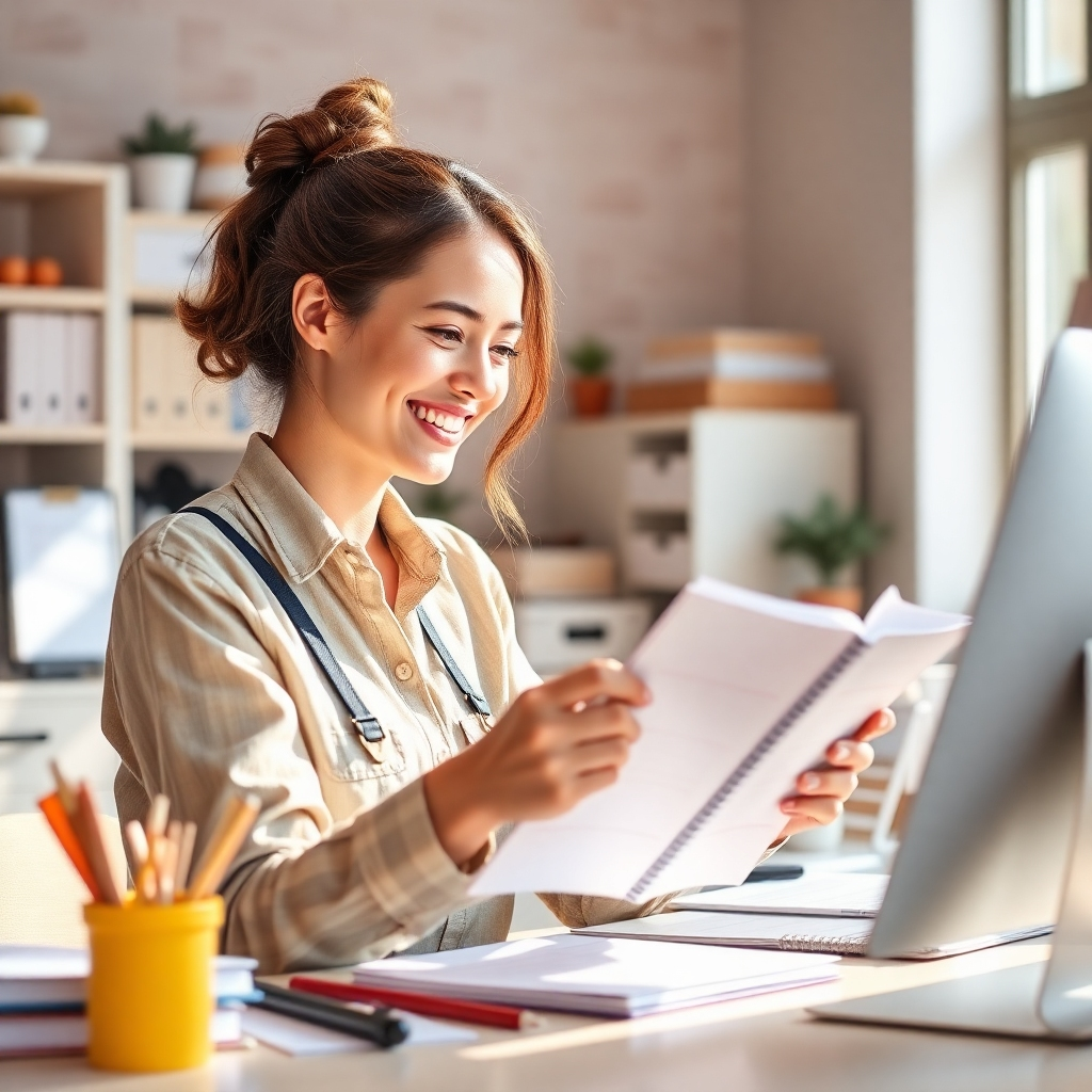 Create an image illustrating a small business owner happily organizing their workspace with a digital planner. Use bright, natural lighting to emphasize cleanliness and order, with warm colors that evoke comfort. Consider a perspective that captures both the owner’s satisfaction and the organized workspace. The image should be detailed and photorealistic, reflecting an effective and efficient environment.