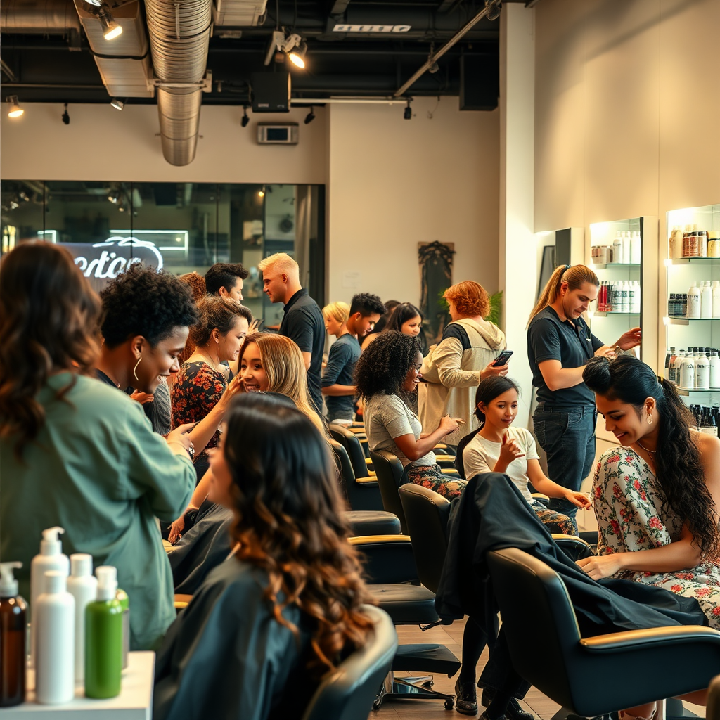 Create an image of a busy salon where stylists are demonstrating various new services to clients. Capture diverse individuals receiving hair, beauty, and wellness treatments simultaneously. Bright, dynamic lighting illuminates the diverse activity, showcasing vibrant hairstyles and happy customers. The environment should reflect diversity and inclusion, with a playful yet professional atmosphere. Introduce props like product displays for additional services and salon equipment visible in the background. The final result should be hyperrealistic at 8K quality, portraying a thriving, modern salon.