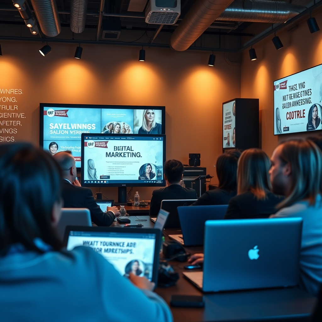 Create an image showcasing a digital marketing workshop being hosted in a salon with owners eagerly participating, surrounded by laptops and presentation screens. The lighting should be bright and motivating, highlighting an engaged audience captivated by innovative marketing strategies. The backdrop may include inspiring quotes and digital displays showing salon branding. Ensure the environment feels collaborative yet professional. The level of detail should be hyperrealistic at 8K resolution, capturing the modern approach to marketing salon memberships.