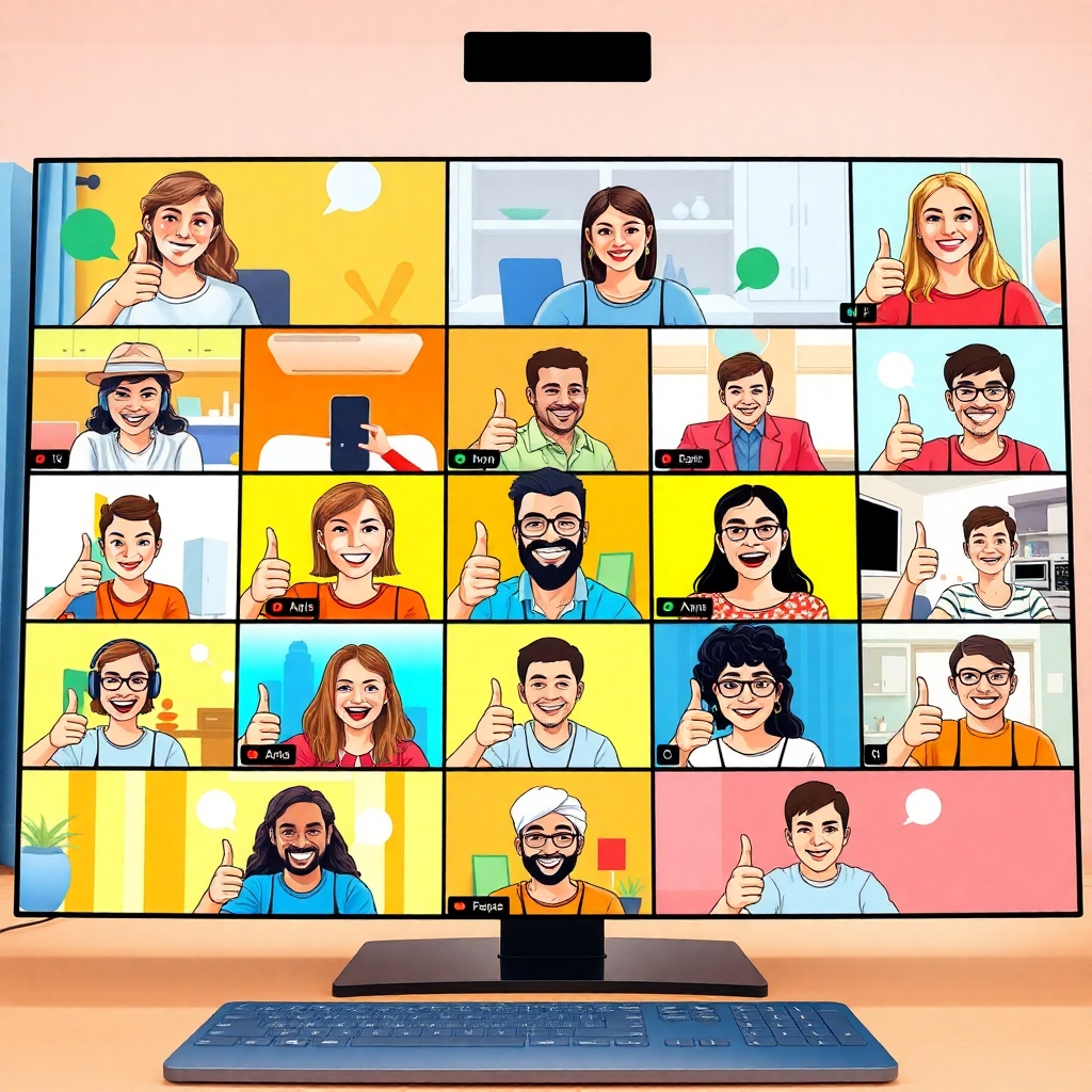 Depict a dynamic online community scene featuring a virtual meeting with happy participants engaging through video calls. Each person is in their unique home environment, showcasing diversity in backgrounds and cultures. The atmosphere should be friendly and inclusive, with each participant smiling and giving thumbs up to symbolize encouragement. Bright colors should dominate the digital screen, and subtle animations representing chat bubbles can be added for detail. This image should encapsulate the spirit of camaraderie in affiliate marketing, presented in a hyperrealistic style at 8K resolution.