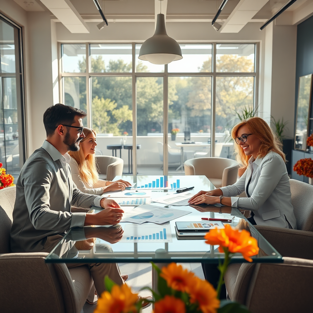 Design an image of a business meeting within a salon, where salon owners are enthusiastically discussing strategies around a glass table covered in graphs and charts. Utilize natural daylight streaming through large windows to create an optimistic atmosphere. Each owner shows expressions of determination and focus, representing collaboration and innovation in the industry. The decor of the salon should reflect sophistication, with modern furnishings and vibrant flowers. The image must achieve an 8K resolution, showcasing the important discussions that drive salon success.