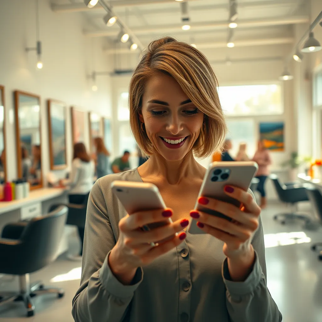 Generate a vivid image depicting a salon owner receiving a notification on their smartphone. Capture the moment in an upscale salon filled with bright lights and cheerful clientele in the background. The owner, a middle-aged woman with a professional hairstyle, looks excited as she glances at her phone. The lighting is bright and cheerful, with a hint of sunshine coming from a nearby window, reflecting a productive atmosphere. Salon decor features stylish hair stations and art pieces on the walls. The color palette includes light pastels with pops of color from salon products. The camera angle is slightly below eye level, making the smartphone prominent and focusing on the owner’s delighted expression. Render this in ultra-high definition and hyperrealistic detail.