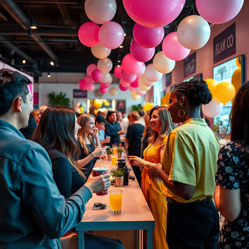 Imagine a beautifully designed salon event where stylist and patrons interact to learn about the benefits of Shoppy Shop memberships. The setting should be festive, adorned with balloons and banners, while guests engage over refreshments. Capture happy interactions and lively conversations, emphasizing an inclusive and welcoming atmosphere. Use rich colors and dynamic compositions, focusing on the excitement of community and connection. Achieve hyperrealistic detail at 8K resolution, demonstrating how membership can strengthen community ties.
