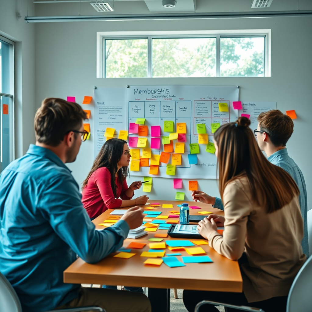 Imagine a brainstorming session where a team is developing a new membership program, surrounded by colorful sticky notes and charts. The room should be dynamic and collaborative, with bright, engaging elements that suggest creativity and excitement. Natural light illuminates the environment, enhancing focus on the information being exchanged. Achieve hyperrealistic details in 8K resolution, emphasizing the creative process behind successful memberships.
