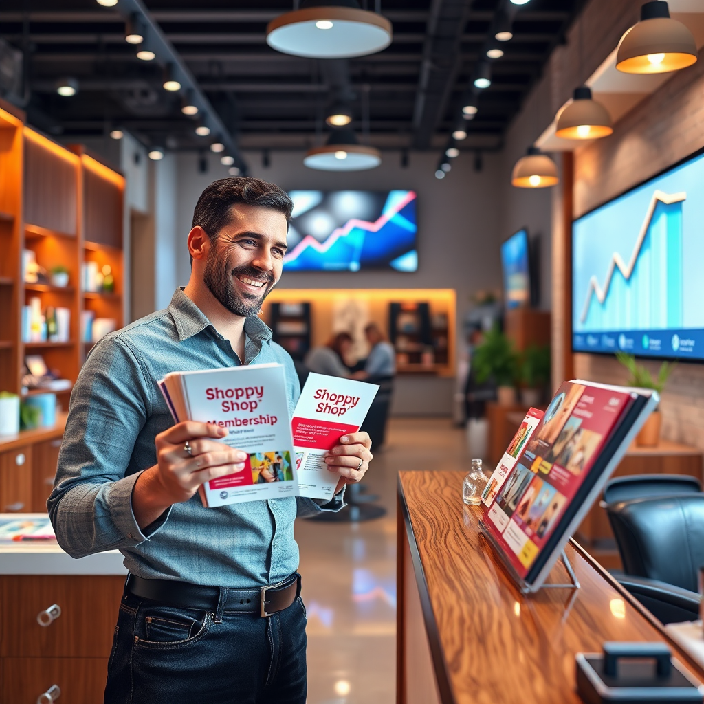 Imagine a bright, inviting salon reception area showing a vibrant display of Shoppy Shop membership brochures. The image should feature a smiling salon owner explaining membership benefits to potential clients, creating an engaging and lively atmosphere. The lighting is bright and welcoming, with colorful memberships displayed prominently. Textures in the image should include polished wood furnishings and shiny salon decor. Include elements that symbolize growth, like upward-graph visuals on digital screens in the background. The final image should convey enthusiasm and opportunity in hyperrealistic detail.