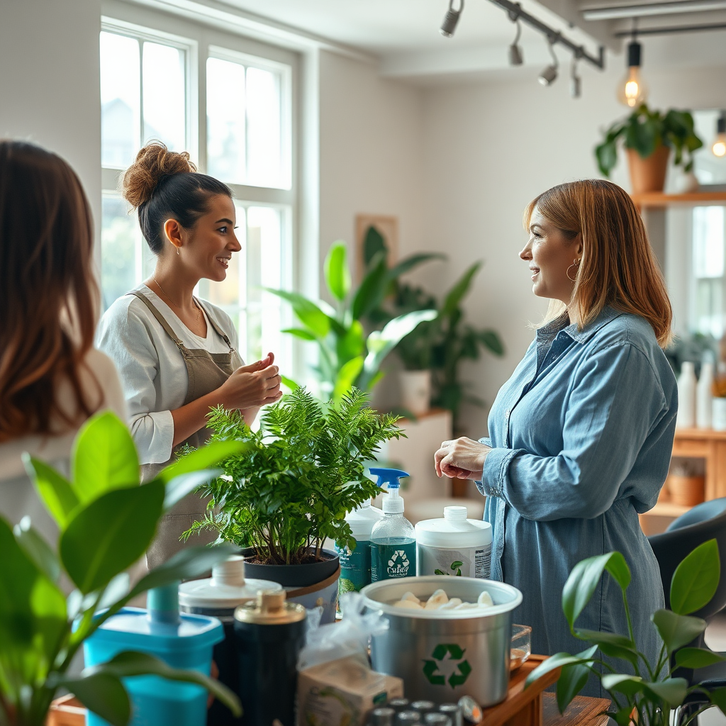Imagine a salon scene with eco-friendly practices in play, such as a display of organic products and recycling bins. Capture salon owners discussing their commitment to sustainability with patrons. Bright natural light flows through windows, surrounded by plants that symbolize eco-consciousness. Include elements like biodegradable materials and creative recycling methods as props. The entire image should evoke a sense of responsibility and commitment to sustainability, presented in hyperrealistic detail at 8K.